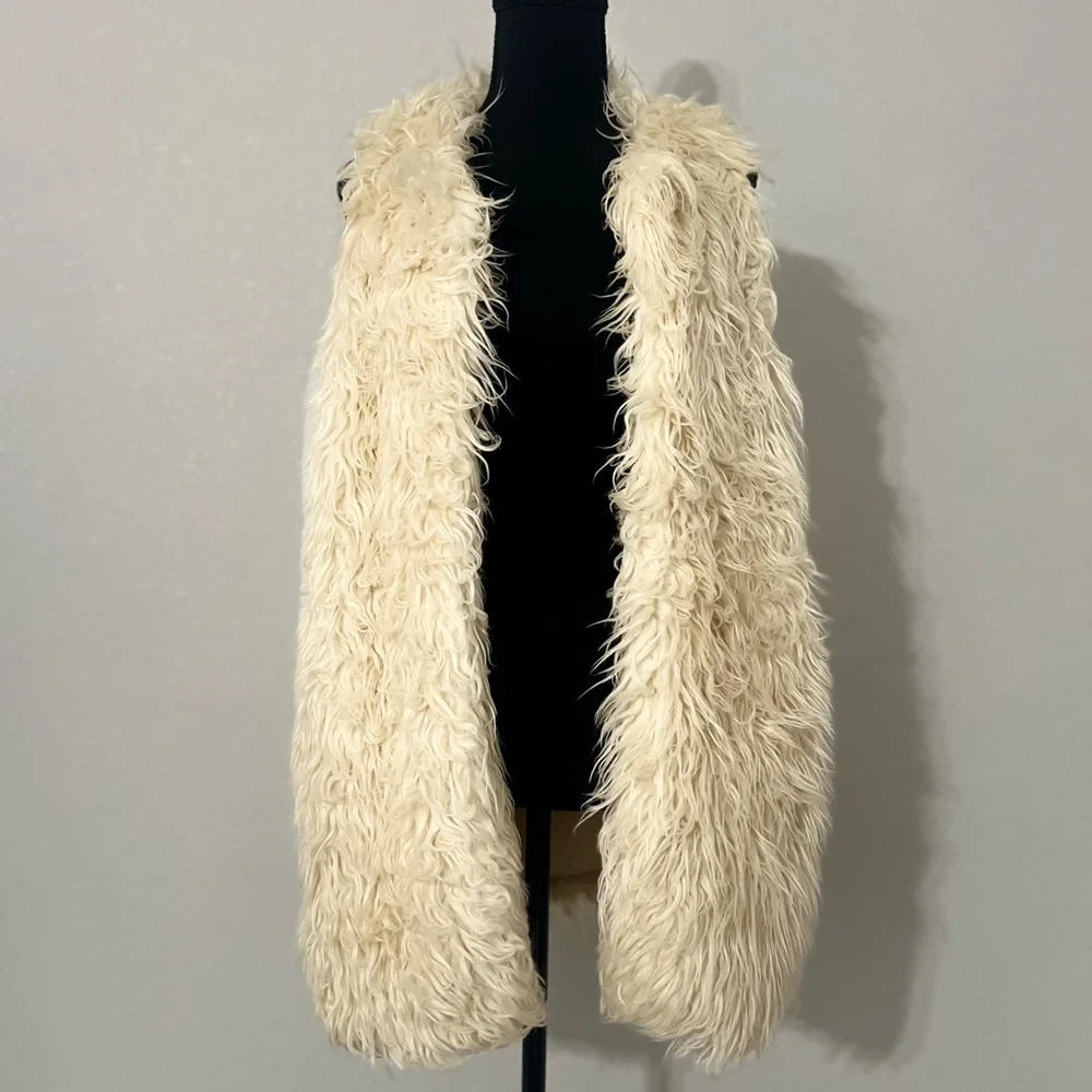 I Love H81 Los Angeles California - Boho Cream Faux Fur Shaggy Long Vest Sz S/M